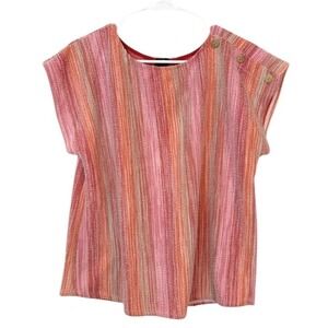 Anthropologie W5 Pink Orange Striped Textured Short Sleeve Blouse LARGE